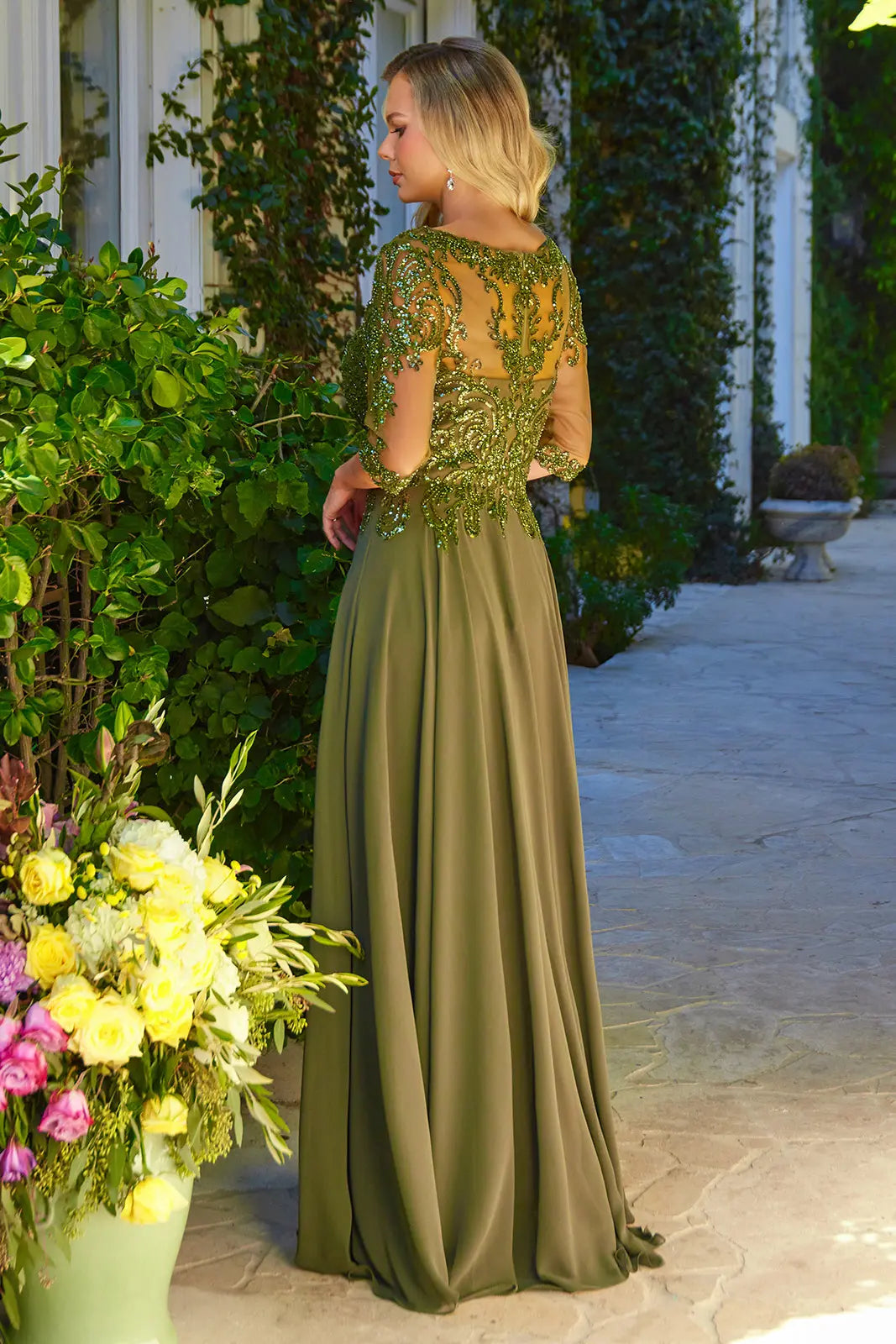 Bead Sequin Embellished 1 2 Sleeve Mesh Bodice With Chiffon Skirt-1