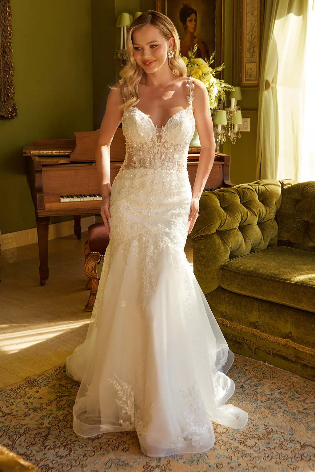Mermaid Silhouette Wedding Dress Adorned with Beads, Sequins and Floral Embroidery-0