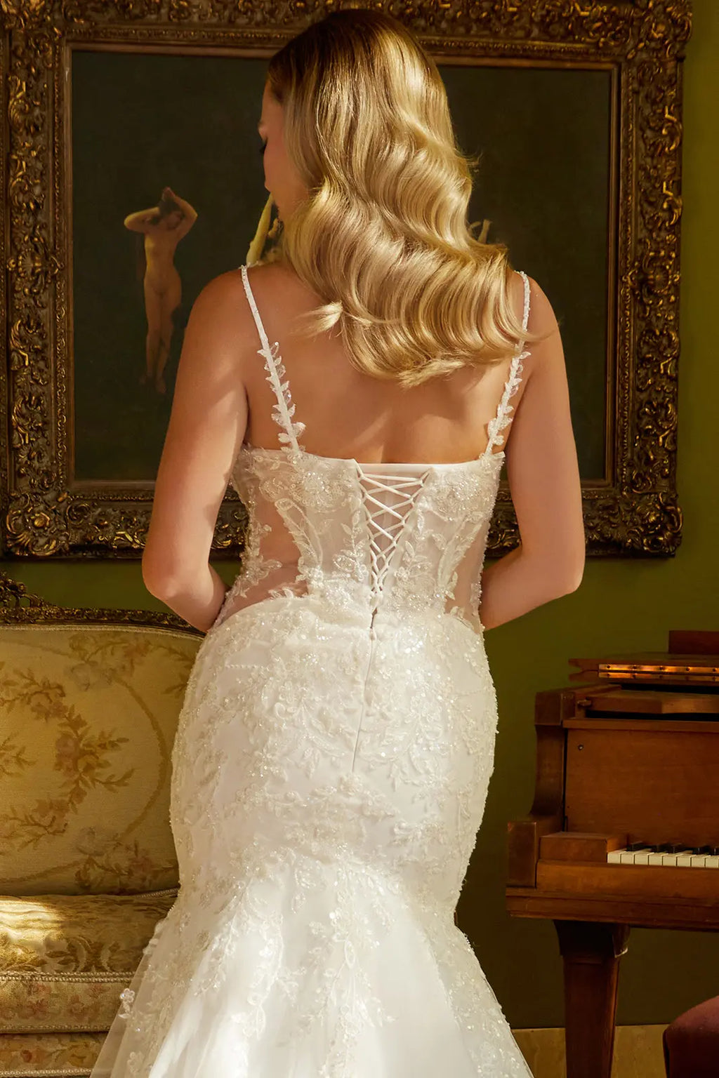 Mermaid Silhouette Wedding Dress Adorned with Beads, Sequins and Floral Embroidery-3