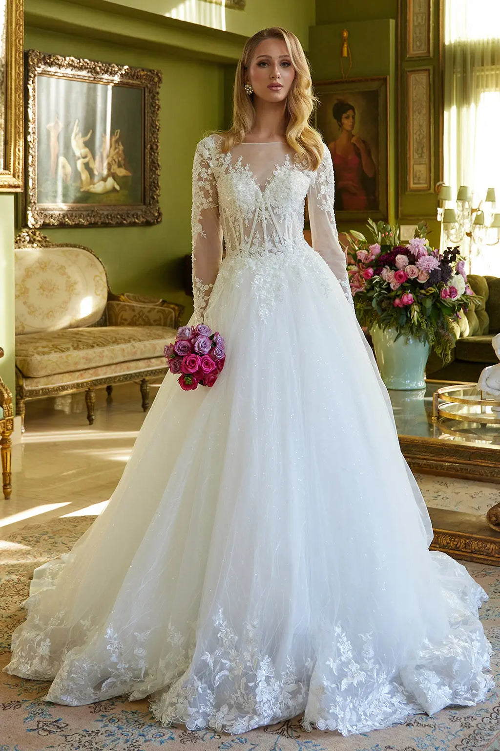 A-Line Silhouette Wedding Dress Has An Illusion V-Neckline Corset Bodice-0