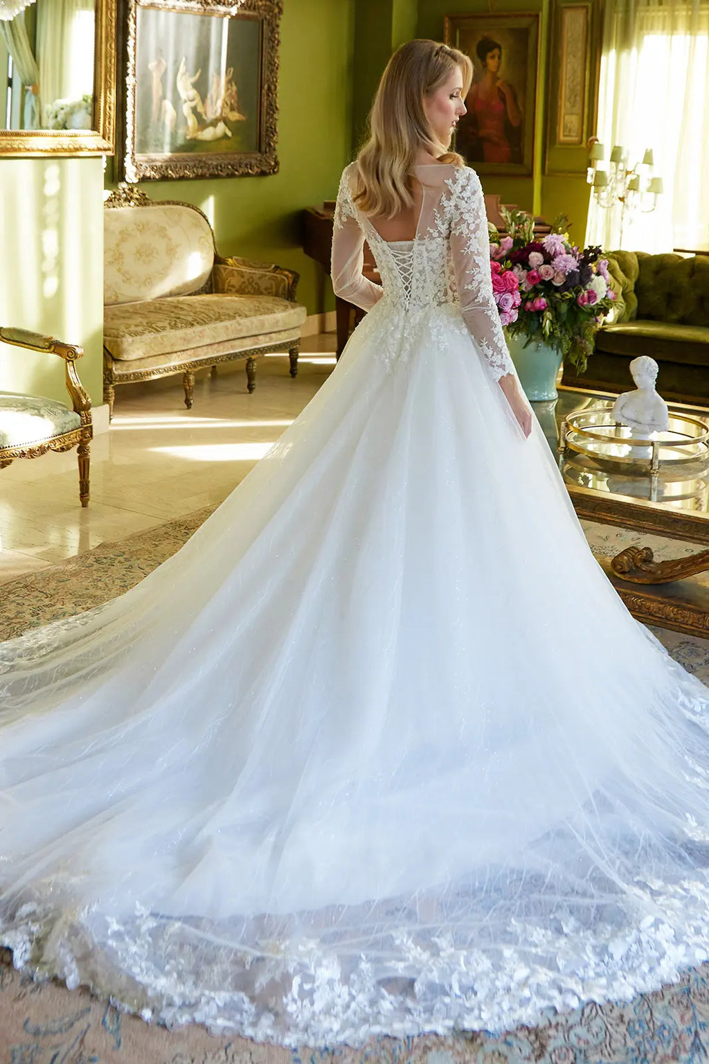 A-Line Silhouette Wedding Dress Has An Illusion V-Neckline Corset Bodice-1