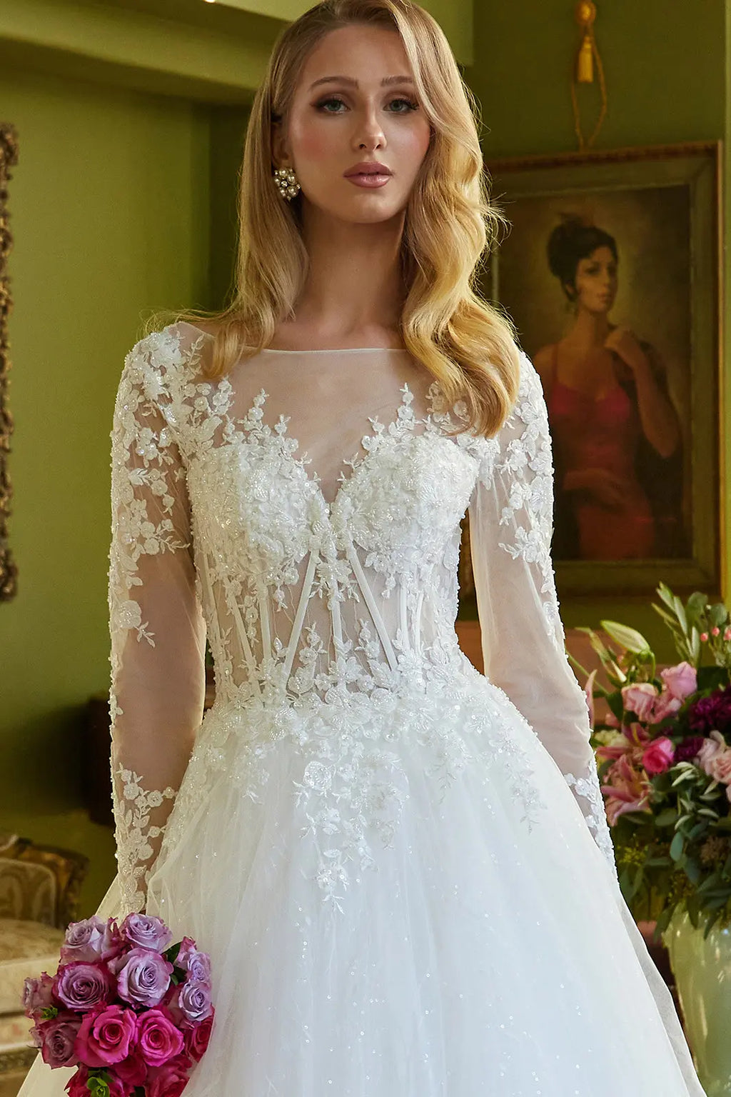 A-Line Silhouette Wedding Dress Has An Illusion V-Neckline Corset Bodice-2