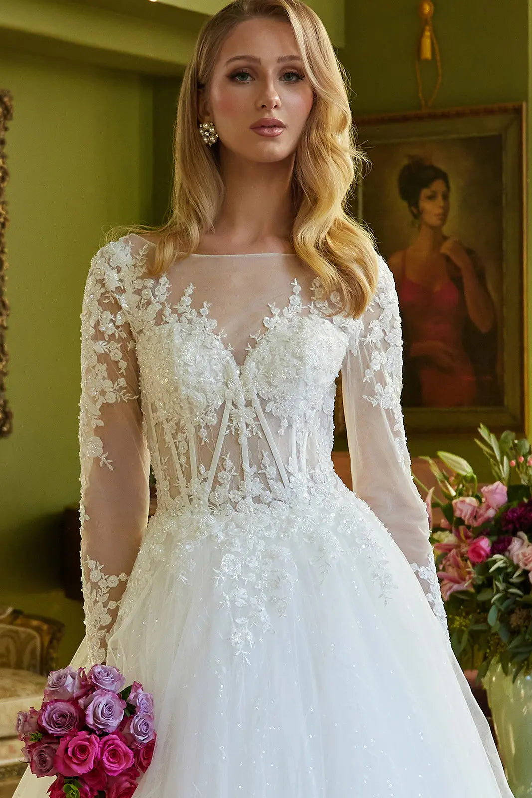 A-Line Silhouette Wedding Dress Has An Illusion V-Neckline Corset Bodice-2