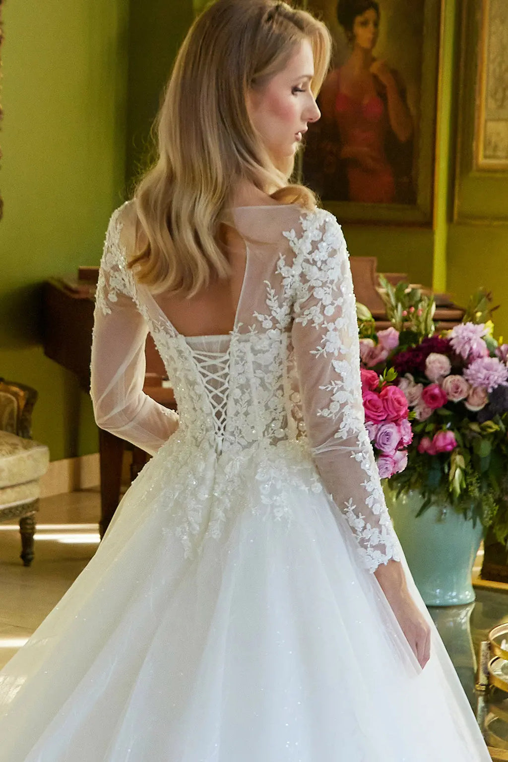 A-Line Silhouette Wedding Dress Has An Illusion V-Neckline Corset Bodice-3