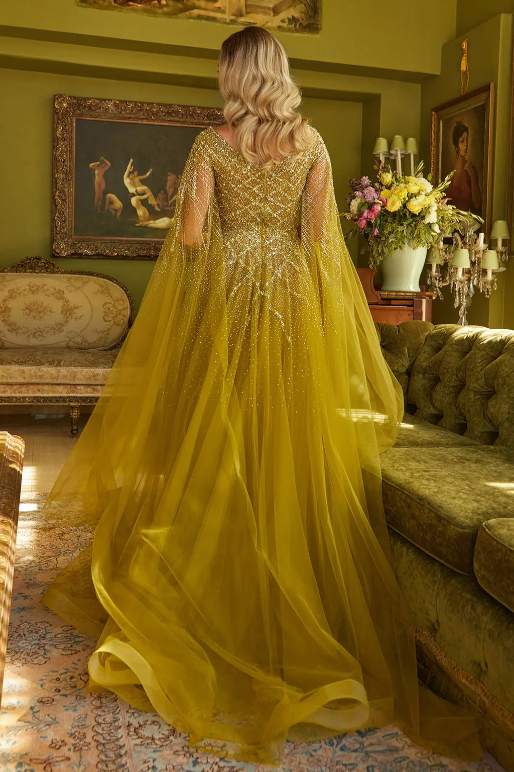 Sparkle Beads Embellished Bodice V Neck Mesh Gown With Mesh Cape Sleeve-1