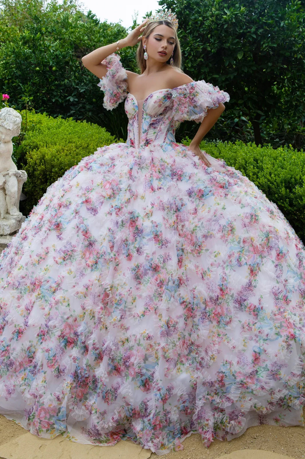 Embellished Corset Pleated Bodice Ruffle Detail Printed Mesh Skirt With Detachable Puff Sleeves-0