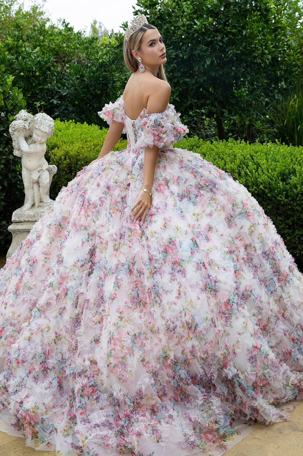 Embellished Corset Pleated Bodice Ruffle Detail Printed Mesh Skirt With Detachable Puff Sleeves-1