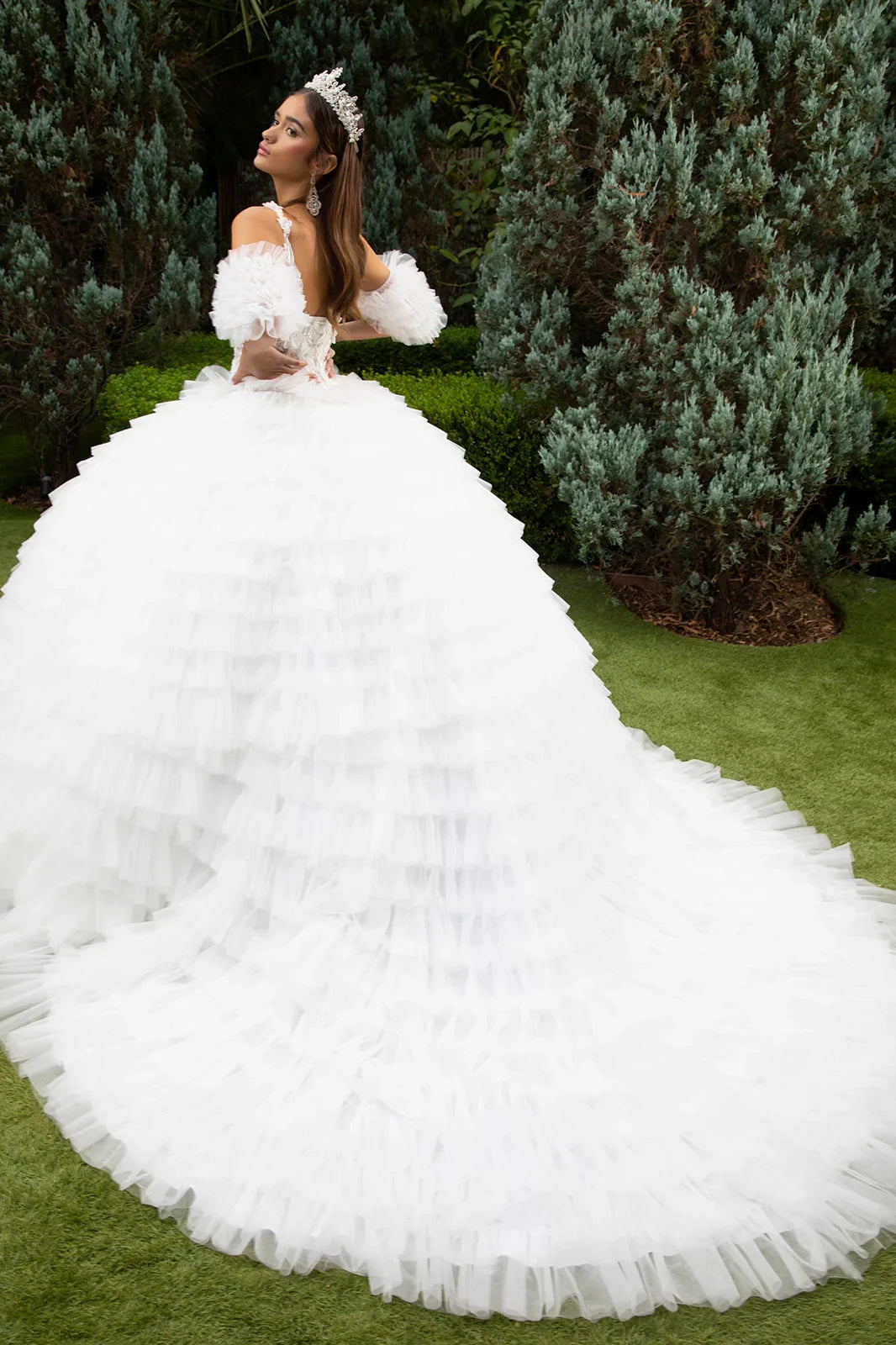 3d Butterfly Flower Applique Embellished Tiered Ruffle Train Cold Shoulder W Detachable Puff Sleeve-1