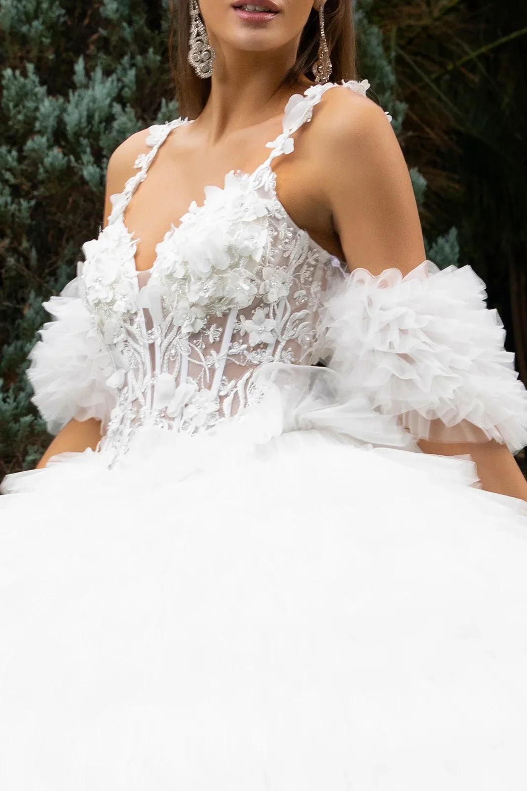3d Butterfly Flower Applique Embellished Tiered Ruffle Train Cold Shoulder W Detachable Puff Sleeve-2