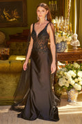 Embellished Scallop Edge Lace Up Back Lace Bodice Satin Skirt Dress With Watteau Train-0