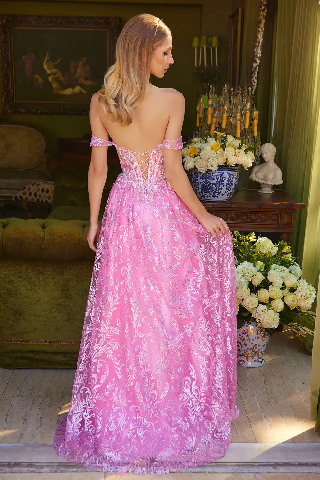 Bead Sequin Glitter Embellished Off Shoulder Lace Up Back Sweetheart Neckline Corset Dress With Slit-1