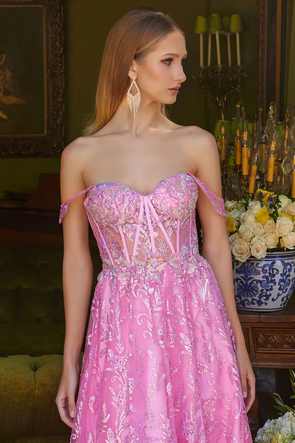 Bead Sequin Glitter Embellished Off Shoulder Lace Up Back Sweetheart Neckline Corset Dress With Slit-2
