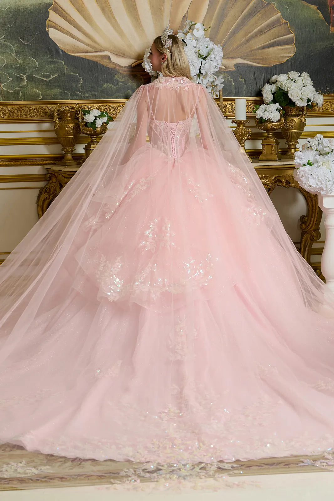 Layered Ruffle Waist Cascading Back Ball Gown W Matching Loop Beaded Choker And Detachable Cape-1