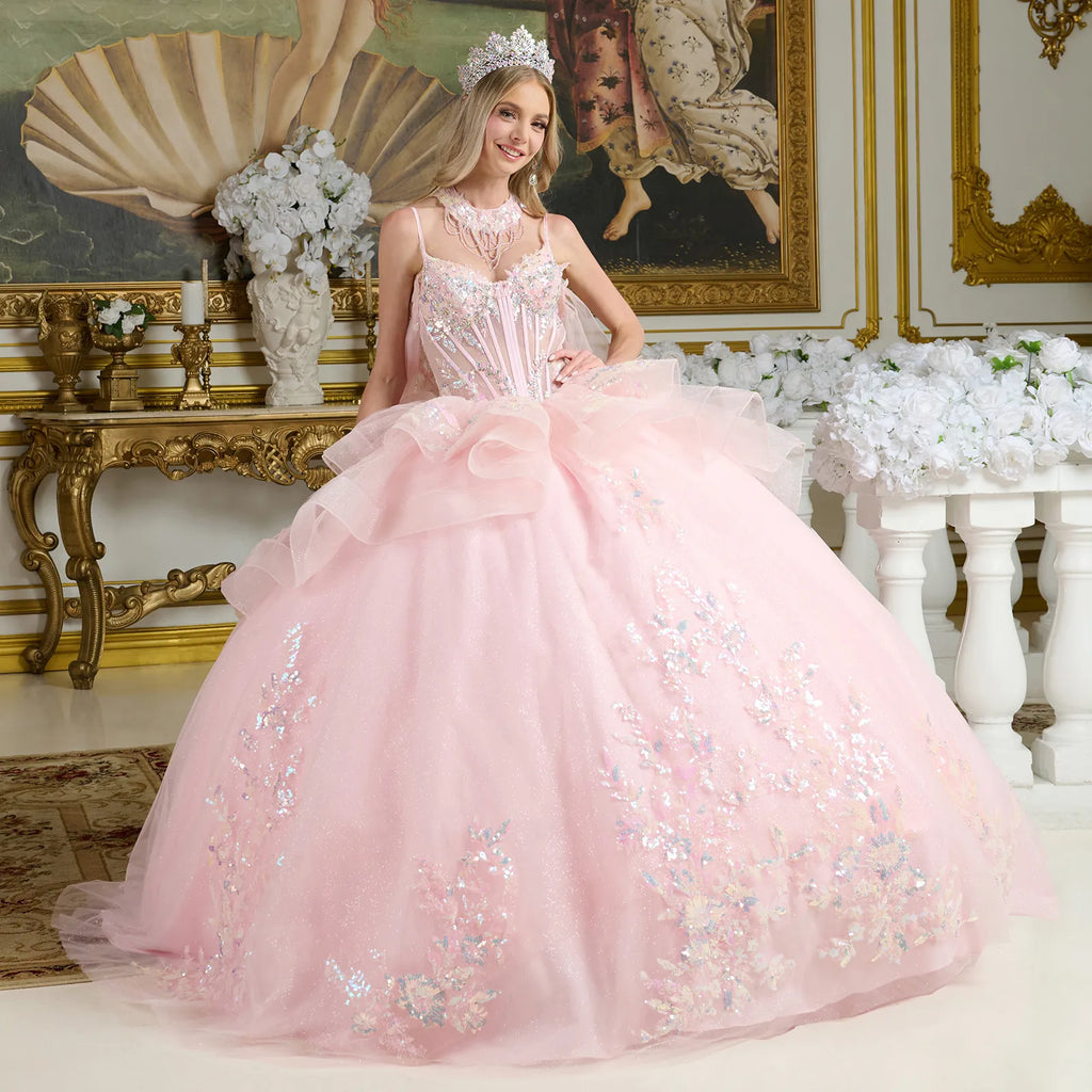 Layered Ruffle Waist Cascading Back Ball Gown W Matching Loop Beaded Choker And Detachable Cape-2