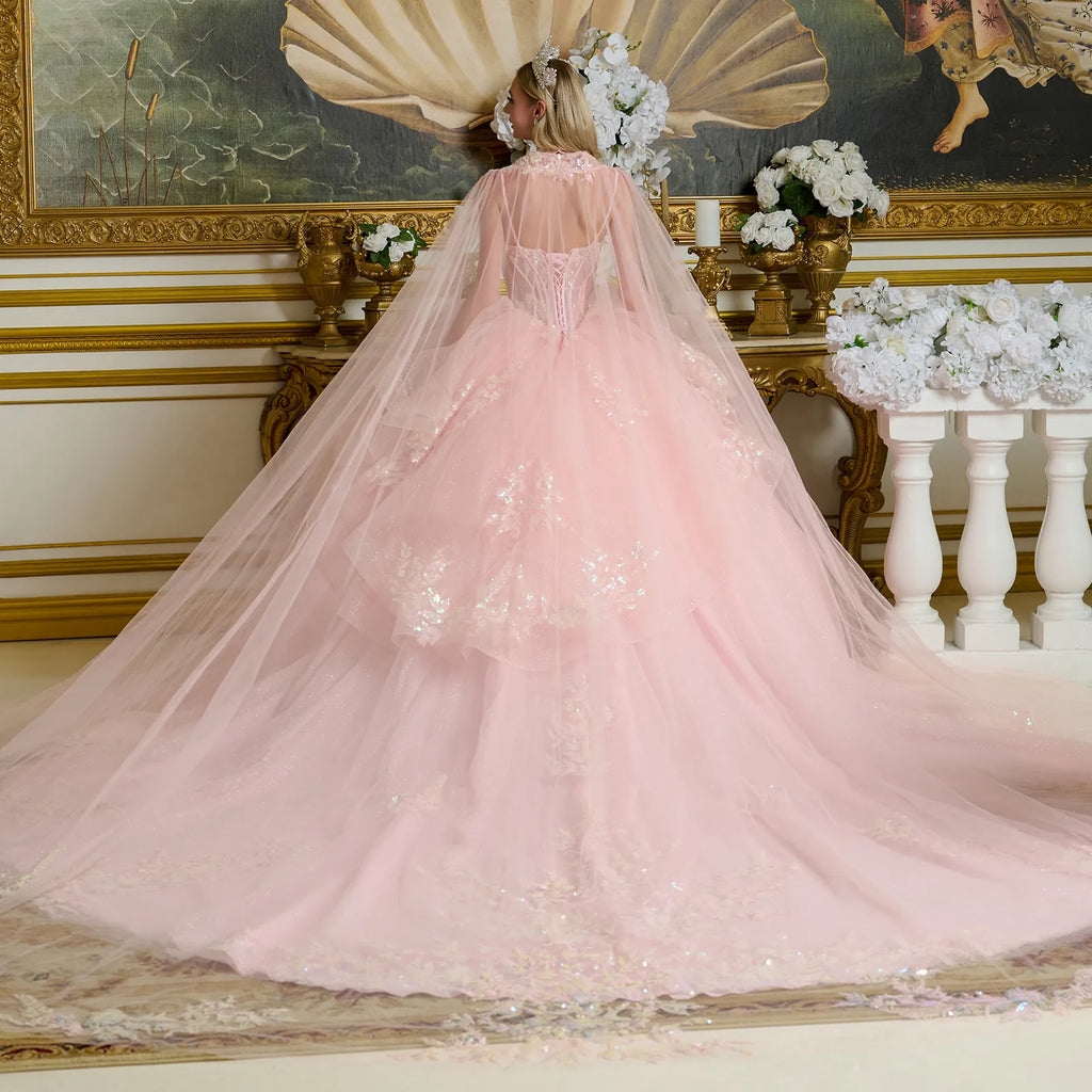 Layered Ruffle Waist Cascading Back Ball Gown W Matching Loop Beaded Choker And Detachable Cape-3