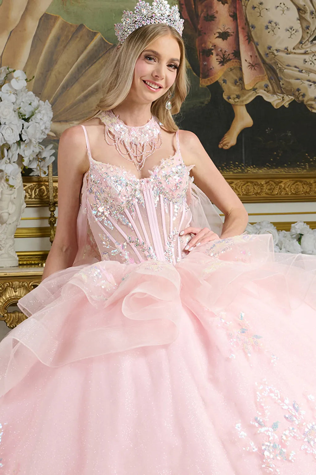 Layered Ruffle Waist Cascading Back Ball Gown W Matching Loop Beaded Choker And Detachable Cape-4