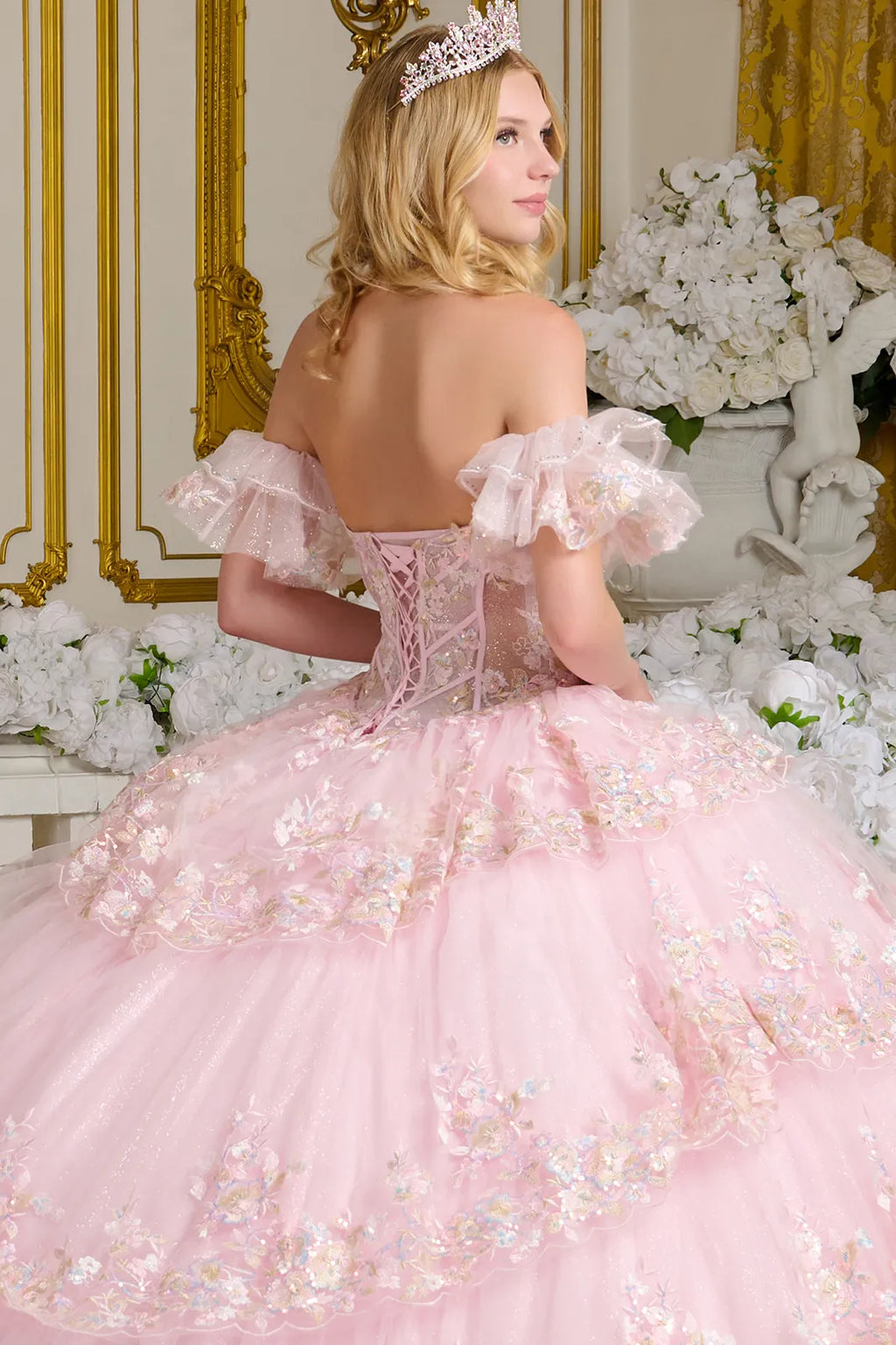 Tiered Layer Scallop Edge Bejeweled Corset Detached Ruffle Layer Off Shoulder Sleeves Ball Gown-4