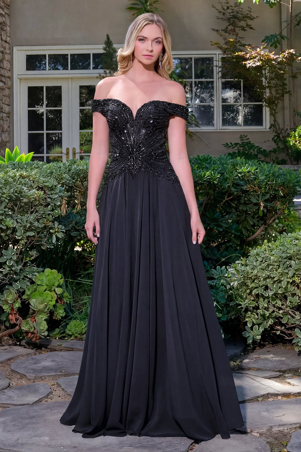 Off Shoulder Straps V Neckline Bejeweled Bodice Chiffon Skirt A Line Zipper Dress-0