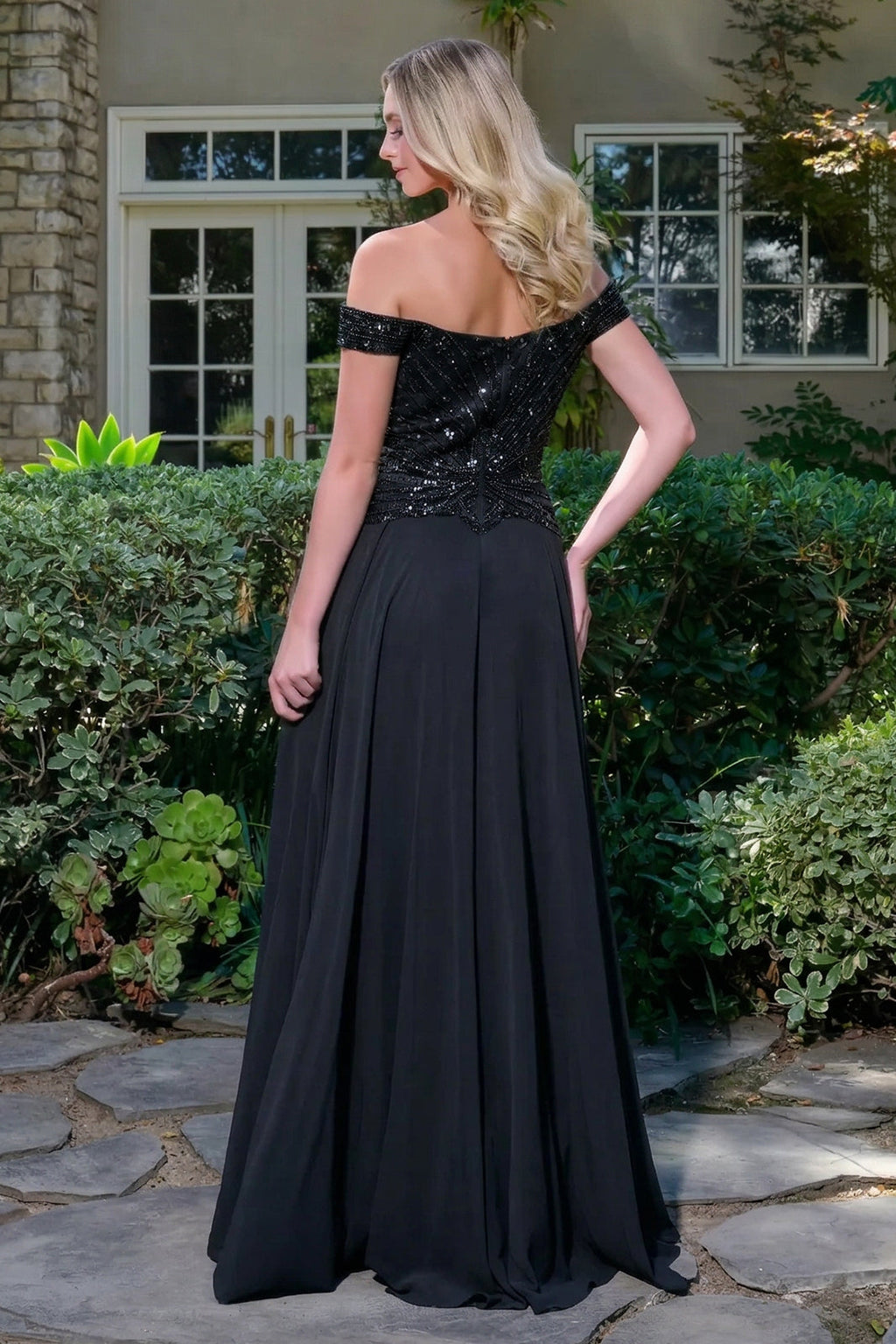 Off Shoulder Straps V Neckline Bejeweled Bodice Chiffon Skirt A Line Zipper Dress-1