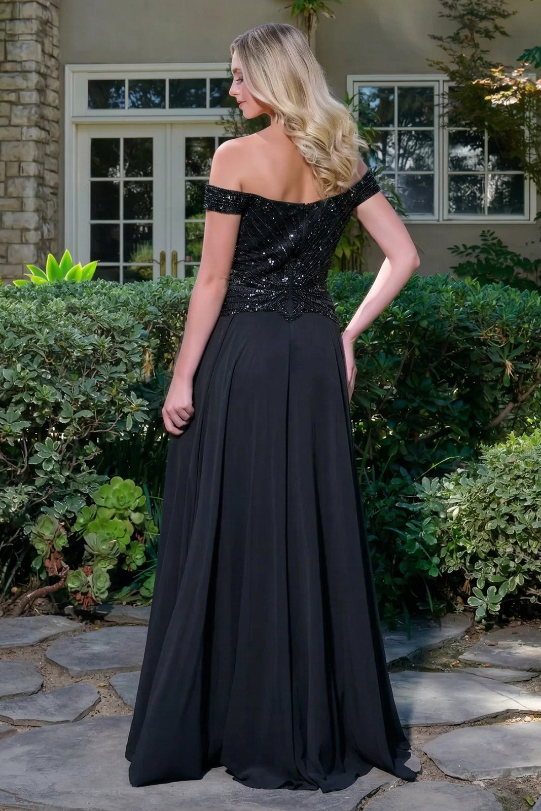 Off Shoulder Straps V Neckline Bejeweled Bodice Chiffon Skirt A Line Zipper Dress-1