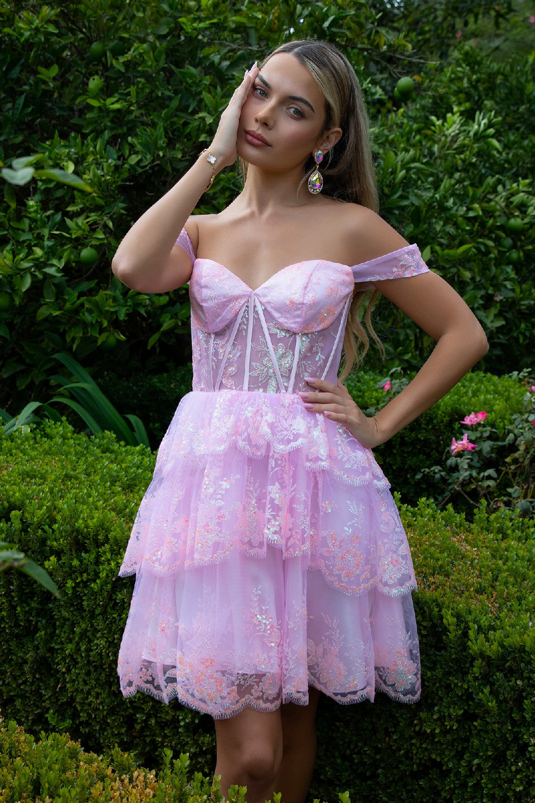 Glitter Print Mesh Sweetheart Neckline Homecoming Dress-0