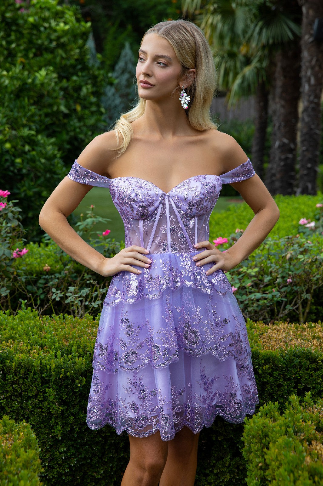Glitter Print Mesh Sweetheart Neckline Homecoming Dress-5