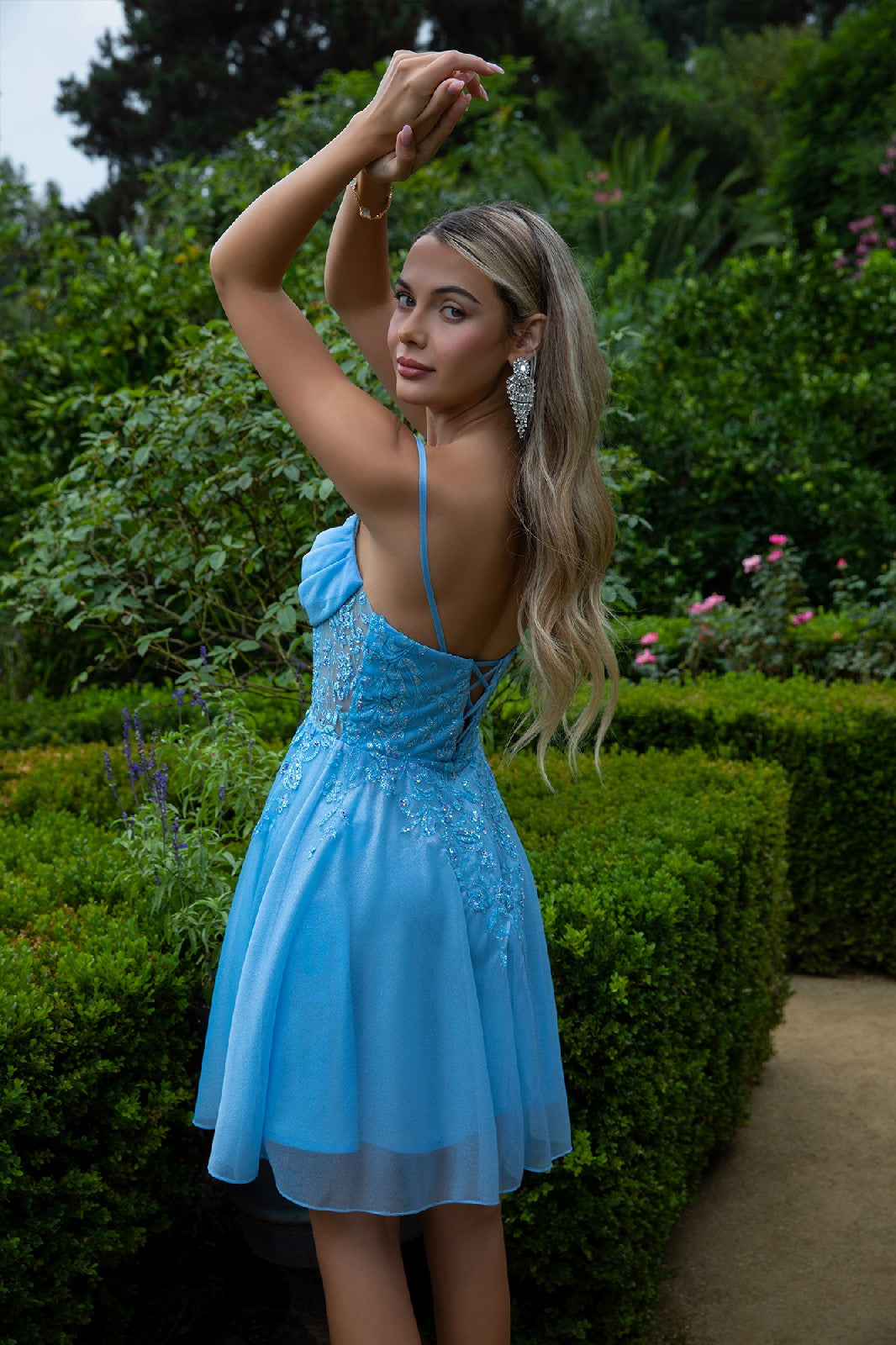 Sheer Bodice Glitter Print Embellished Spaghetti Strap Homecoming Dress-3