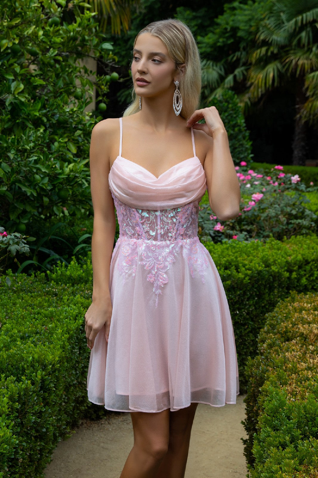 Sheer Bodice Glitter Print Embellished Spaghetti Strap Homecoming Dress-4