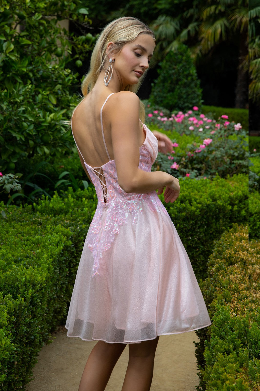 Sheer Bodice Glitter Print Embellished Spaghetti Strap Homecoming Dress-5
