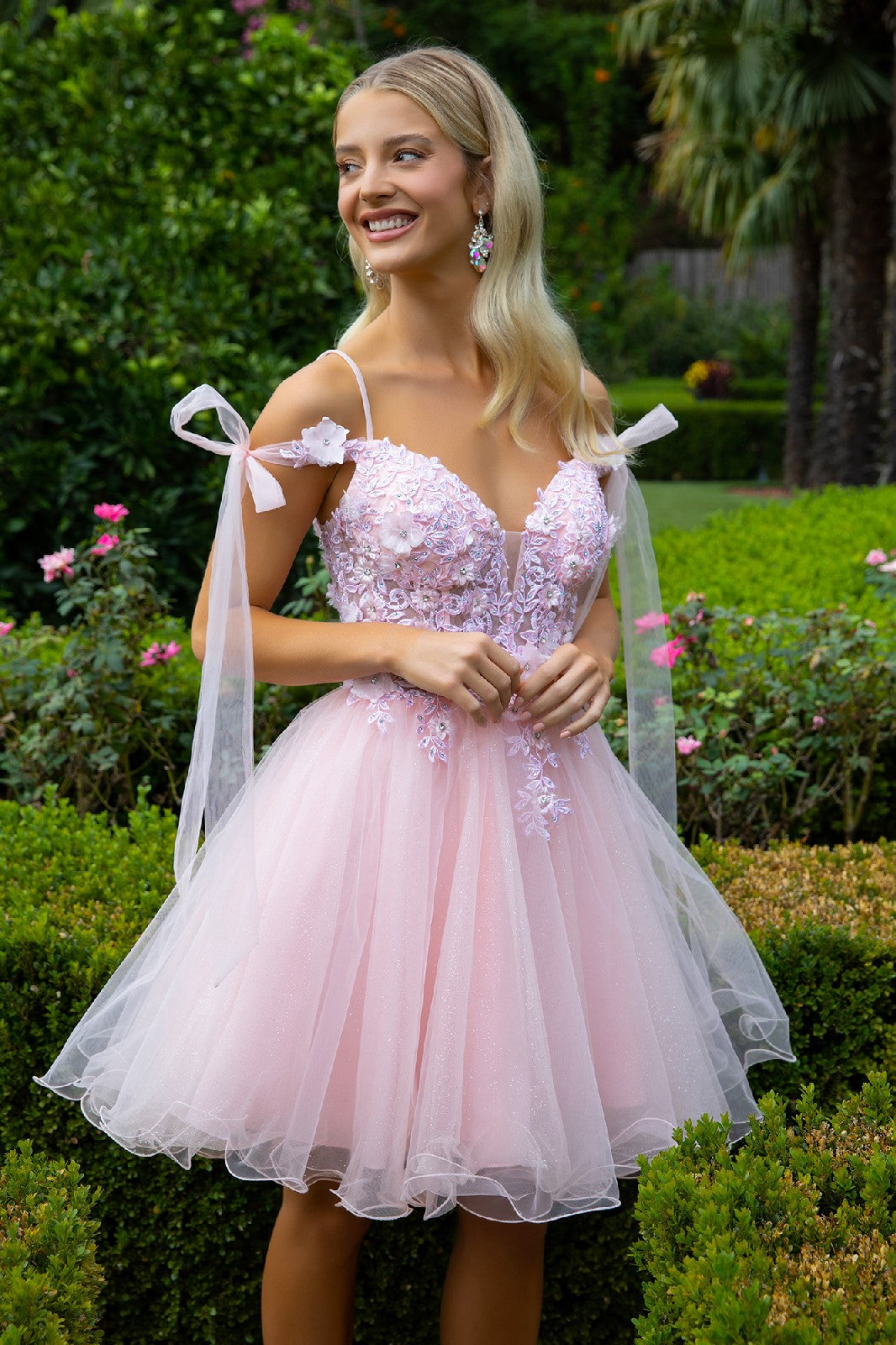 3D Flower and Embroidery Embellished Glitter Mesh Homecoming Dress w/ Lace-Up Back-6
