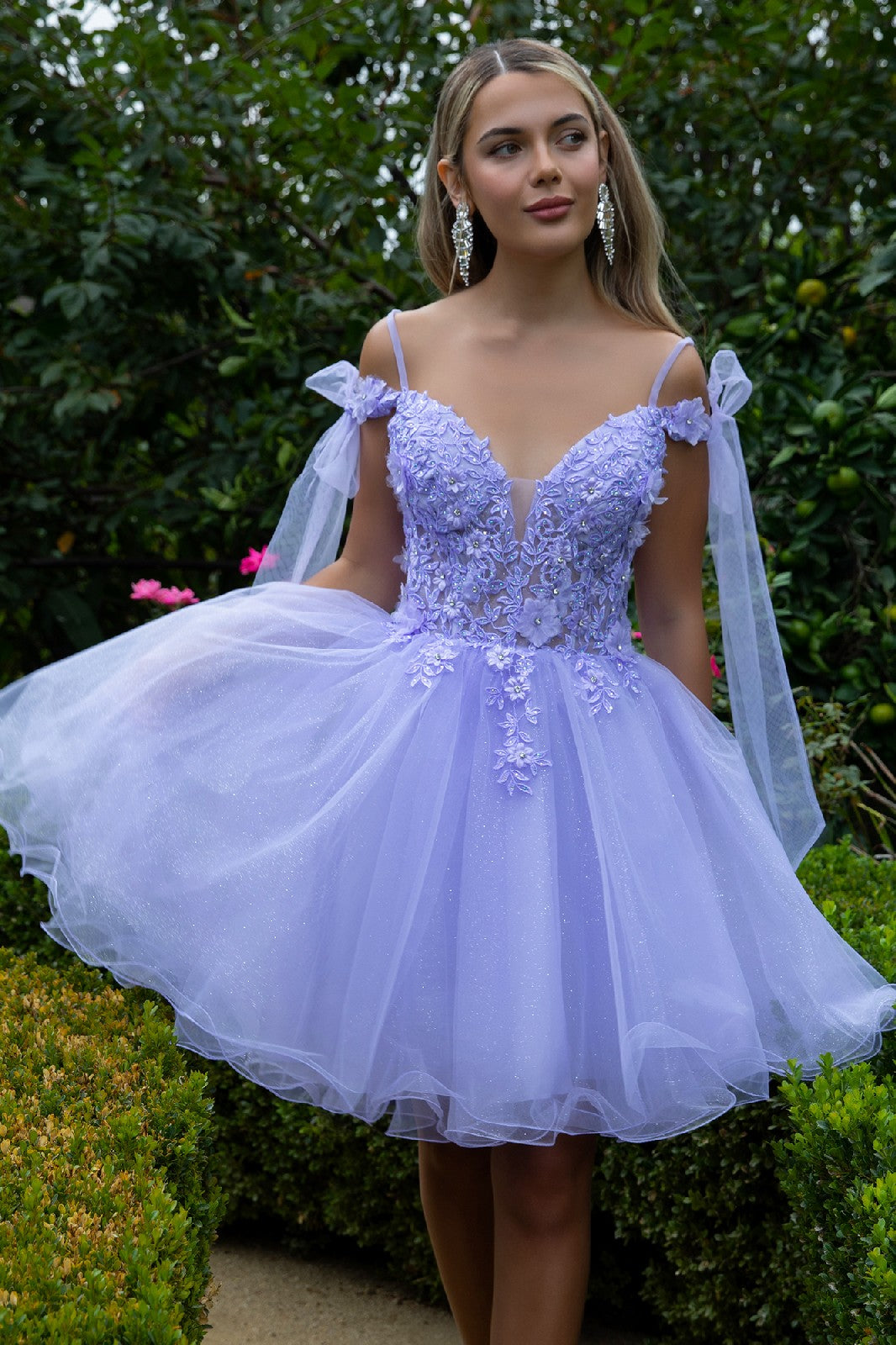 3D Flower and Embroidery Embellished Glitter Mesh Homecoming Dress w/ Lace-Up Back-5