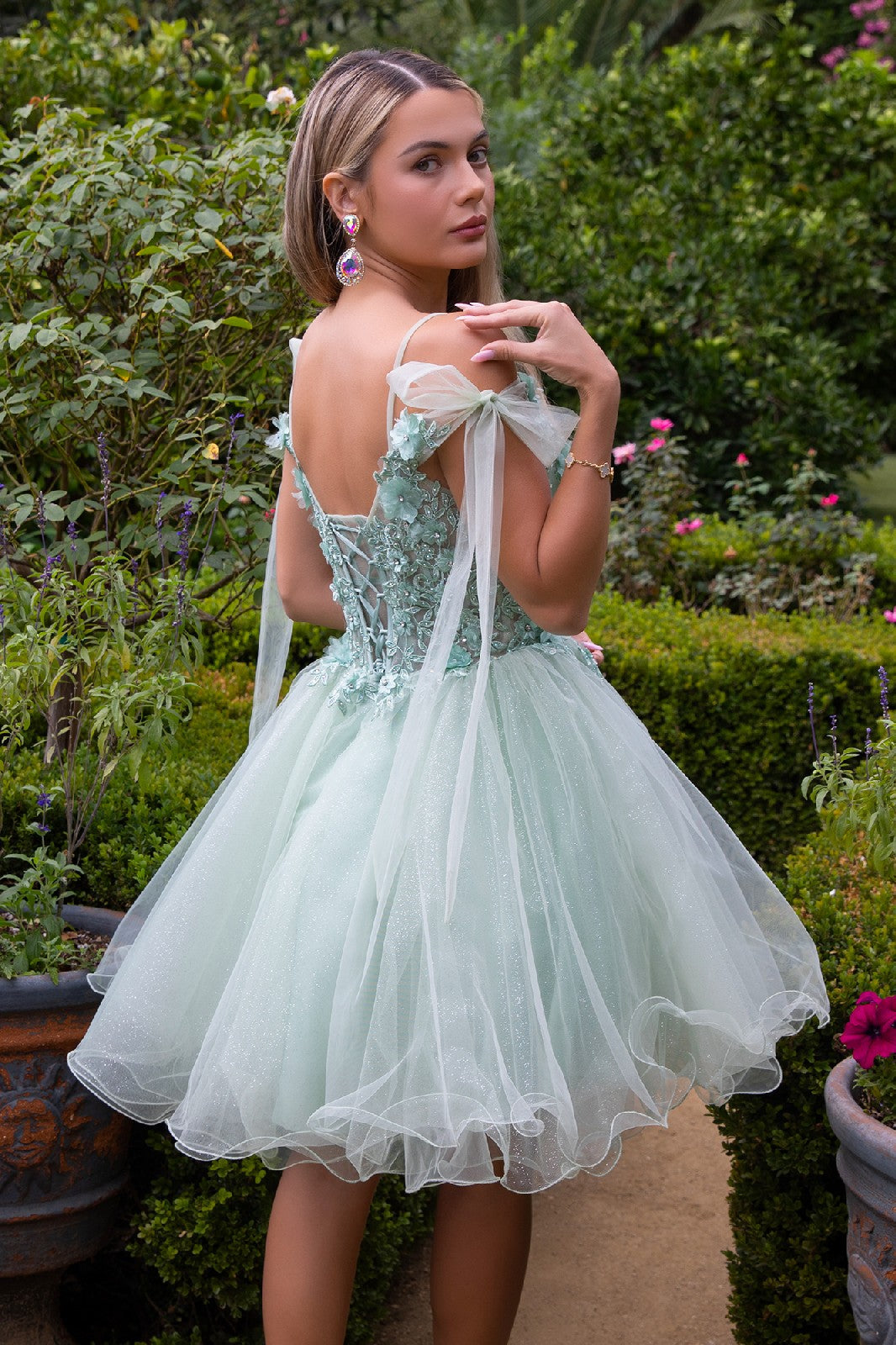 3D Flower and Embroidery Embellished Glitter Mesh Homecoming Dress w/ Lace-Up Back-4