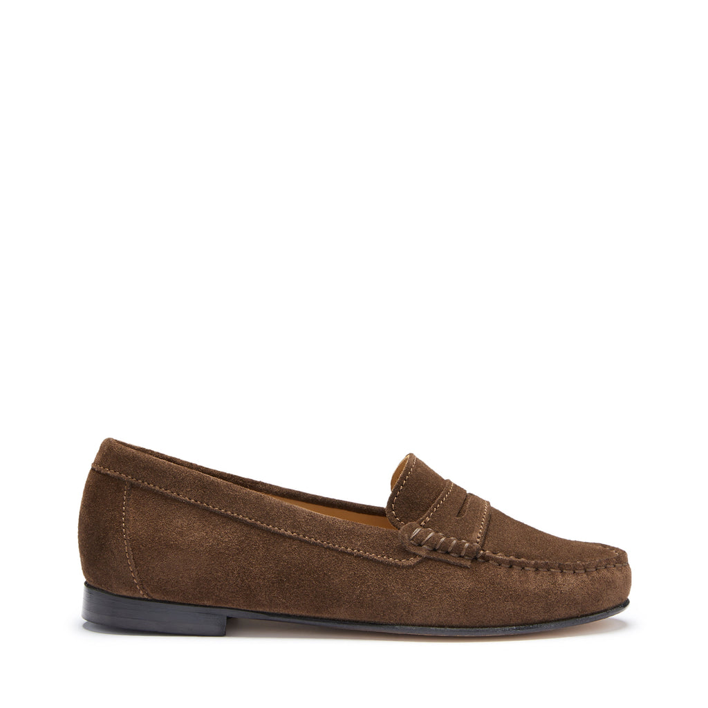 Women's Penny Loafers Leather Sole, brown suede-0