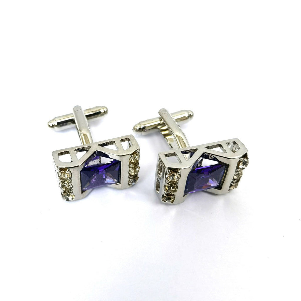 Silver Purple Gem Stone Rectangle Cufflinks-0