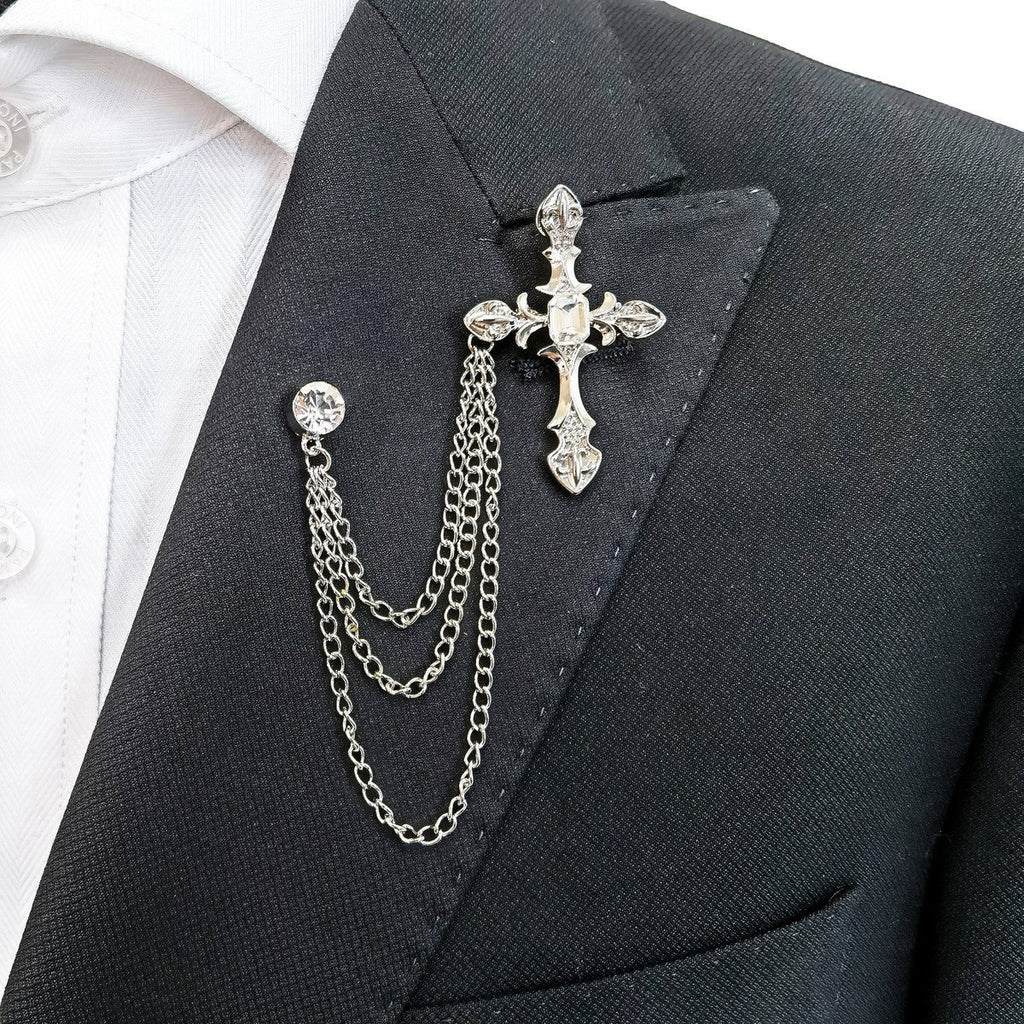 Jewelled Silver Cross Chain Lapel Pin-1