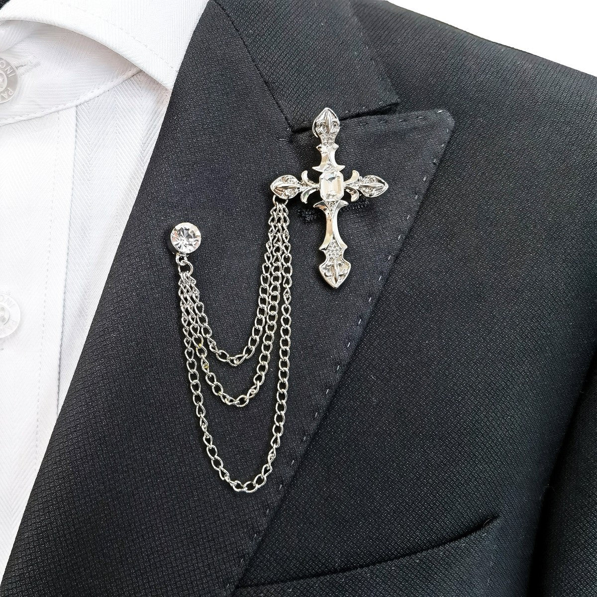 Jewelled Silver Cross Chain Lapel Pin-1