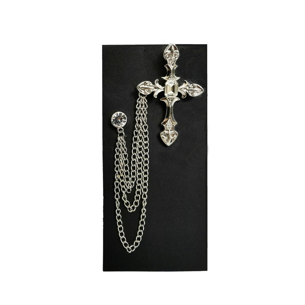 Jewelled Silver Cross Chain Lapel Pin-0