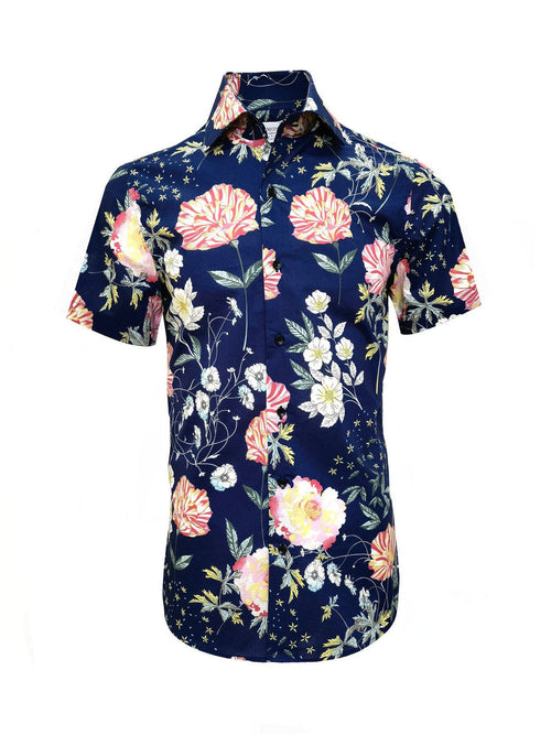 Blue Floral Print Short Sleeves Shirt-0