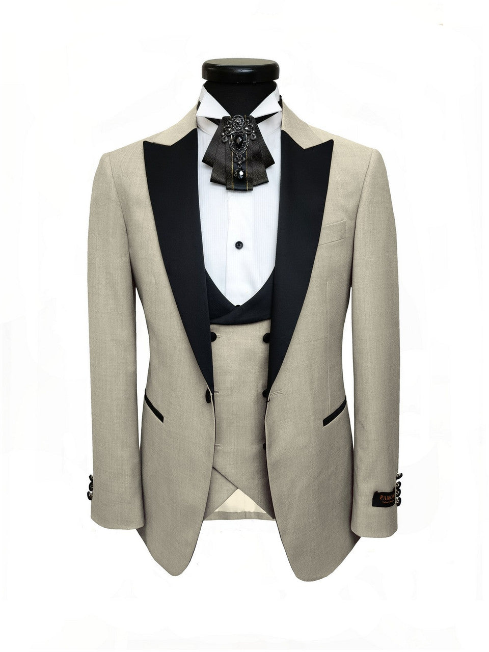 Beige 3-Piece Tuxedo With Black Peak Lapel-3
