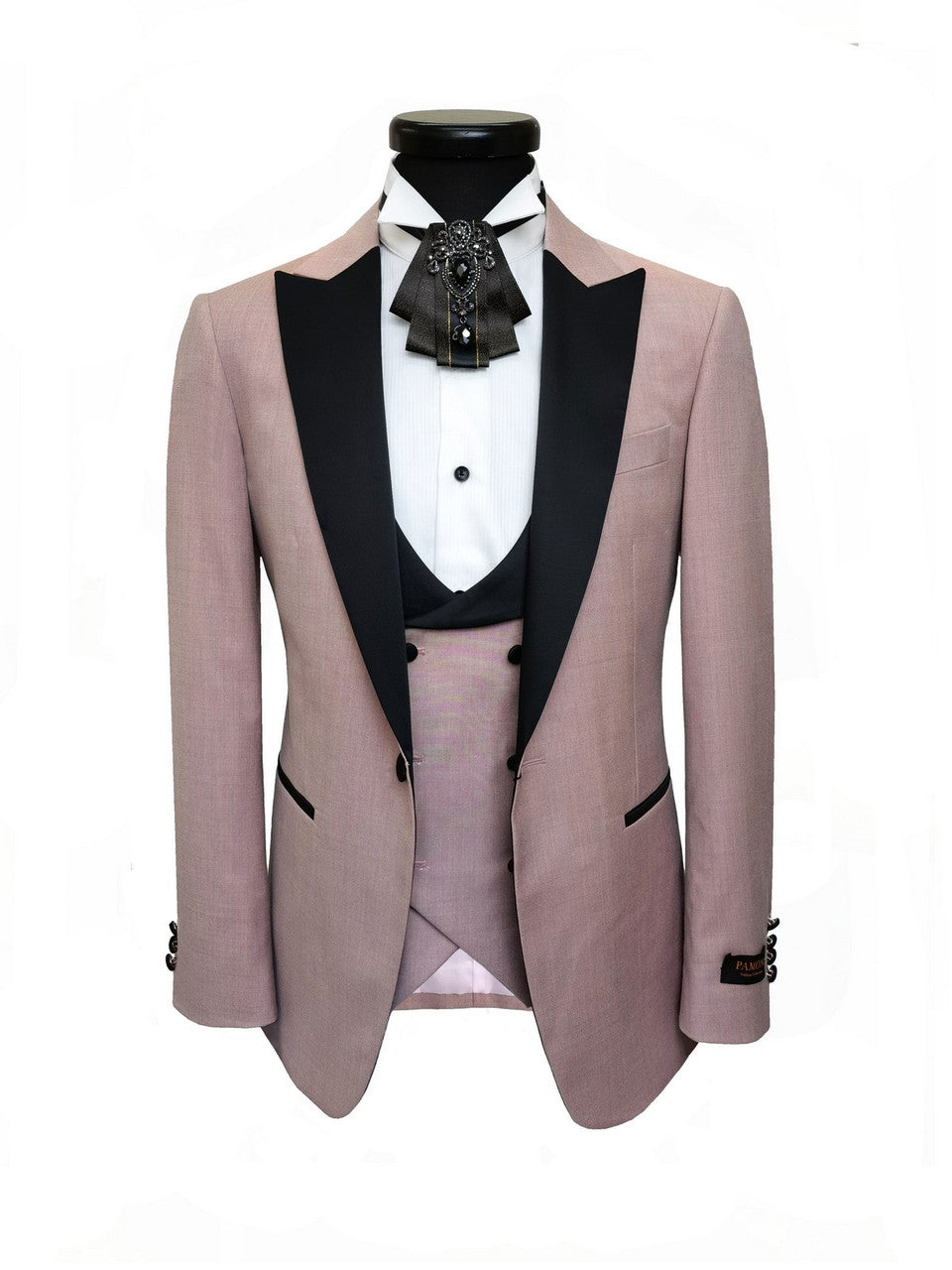 Pink 3-Piece Tuxedo With Black Peak Lapel-2