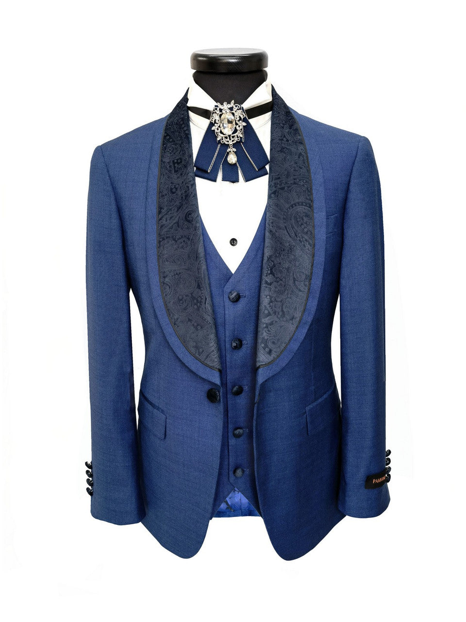 Blue 3-Piece Tuxedo With Wide Shawl Lapel-2