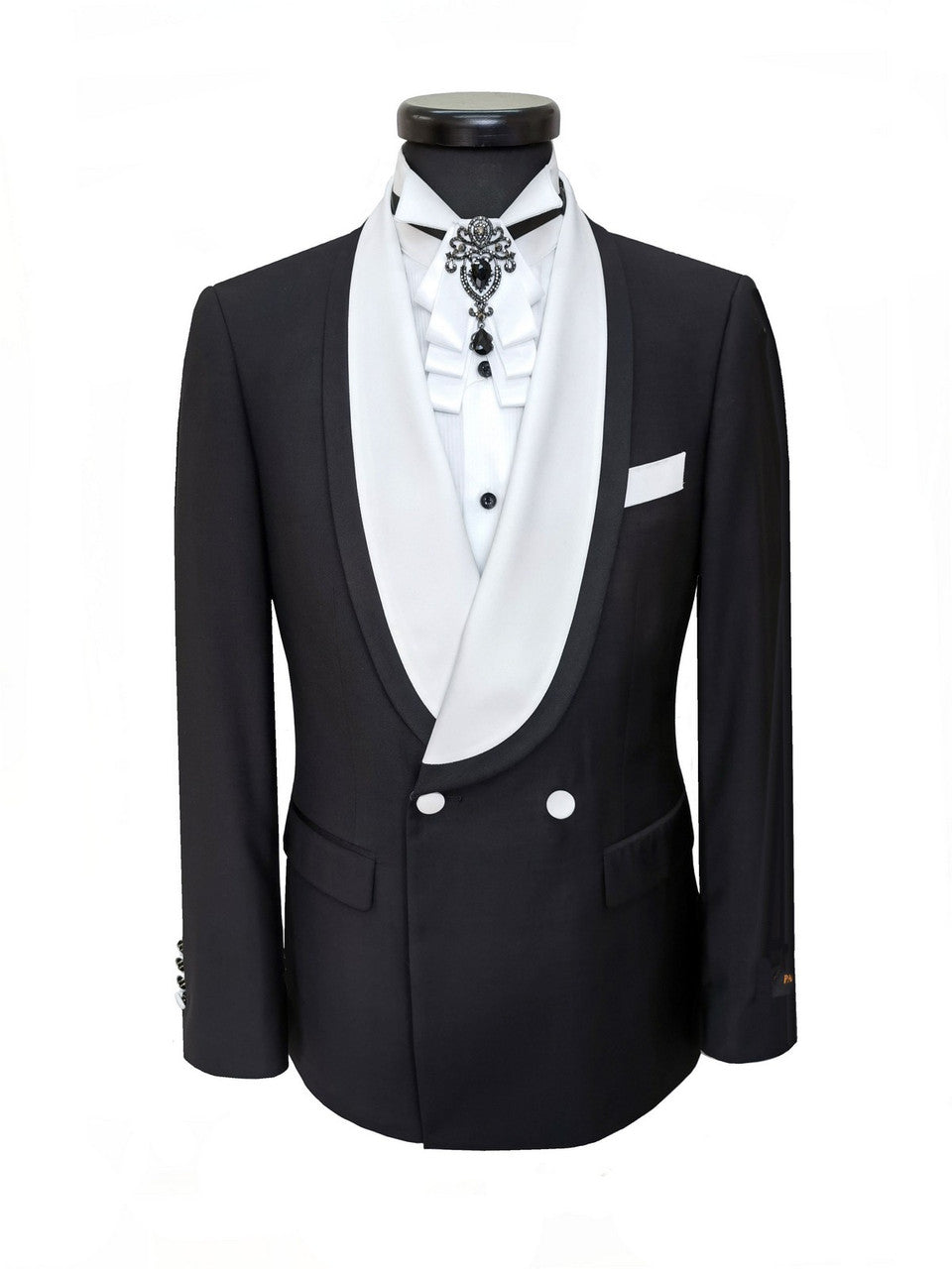 Black Double Breasted Tuxedo With White Shawl Lapel-2