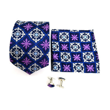Purple Blue Geometric Pattern Tie & Cufflinks Set-3