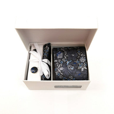 Grey Silver Floral Tie & Cufflinks Set-3