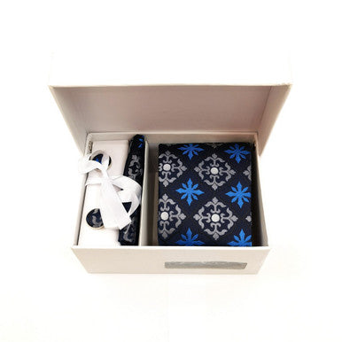 Blue Silver Geometric Tie & Cufflinks Set-3
