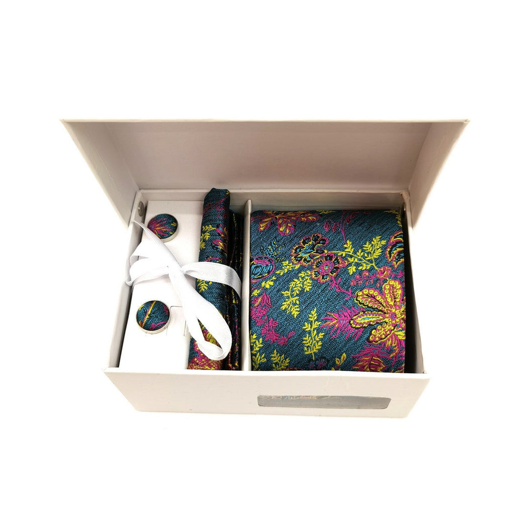 Multi Coloured Floral Tie & Cufflinks Set-0