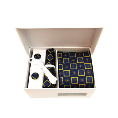 Navy Gold Abstract Floral Square Tie & Cufflinks Set-3