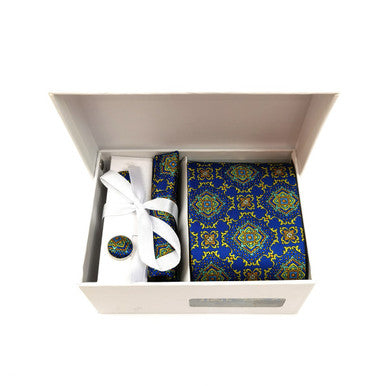 Royal Blue Floral Geometric Tie & Cufflinks Set-3