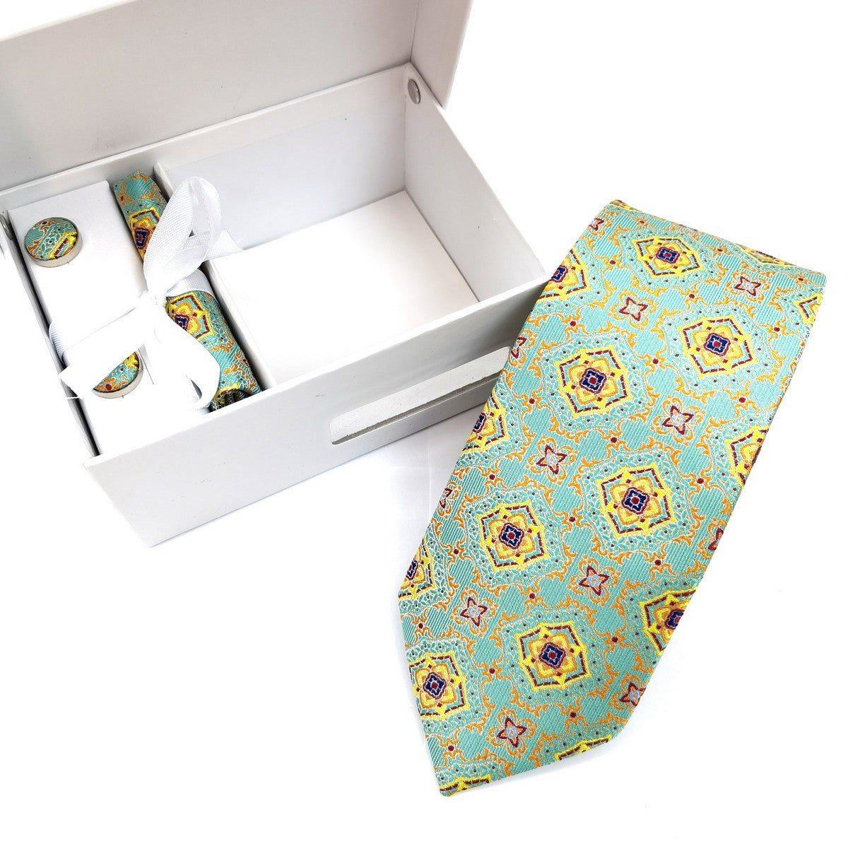 Mint Yellow Geometric Tie & Cufflinks Set-1