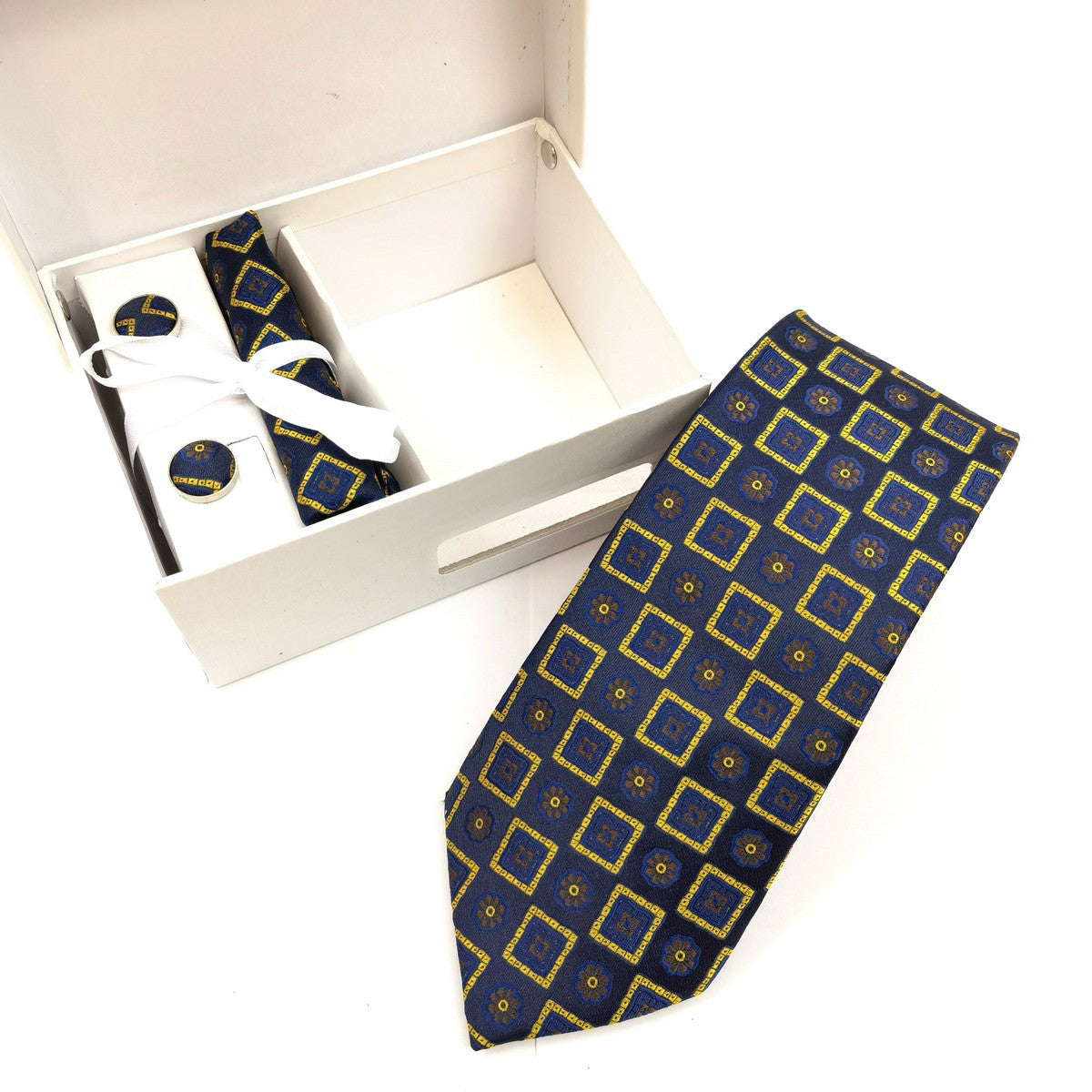 Navy Gold Abstract Floral Square Tie & Cufflinks Set-1